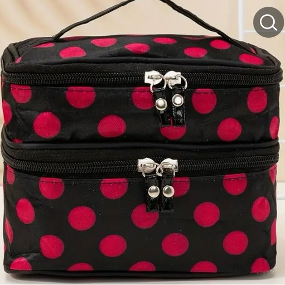 NWT Durable Double Layer Cosmetic Bag with Zipper black with pink dots - Picture 7 of 7